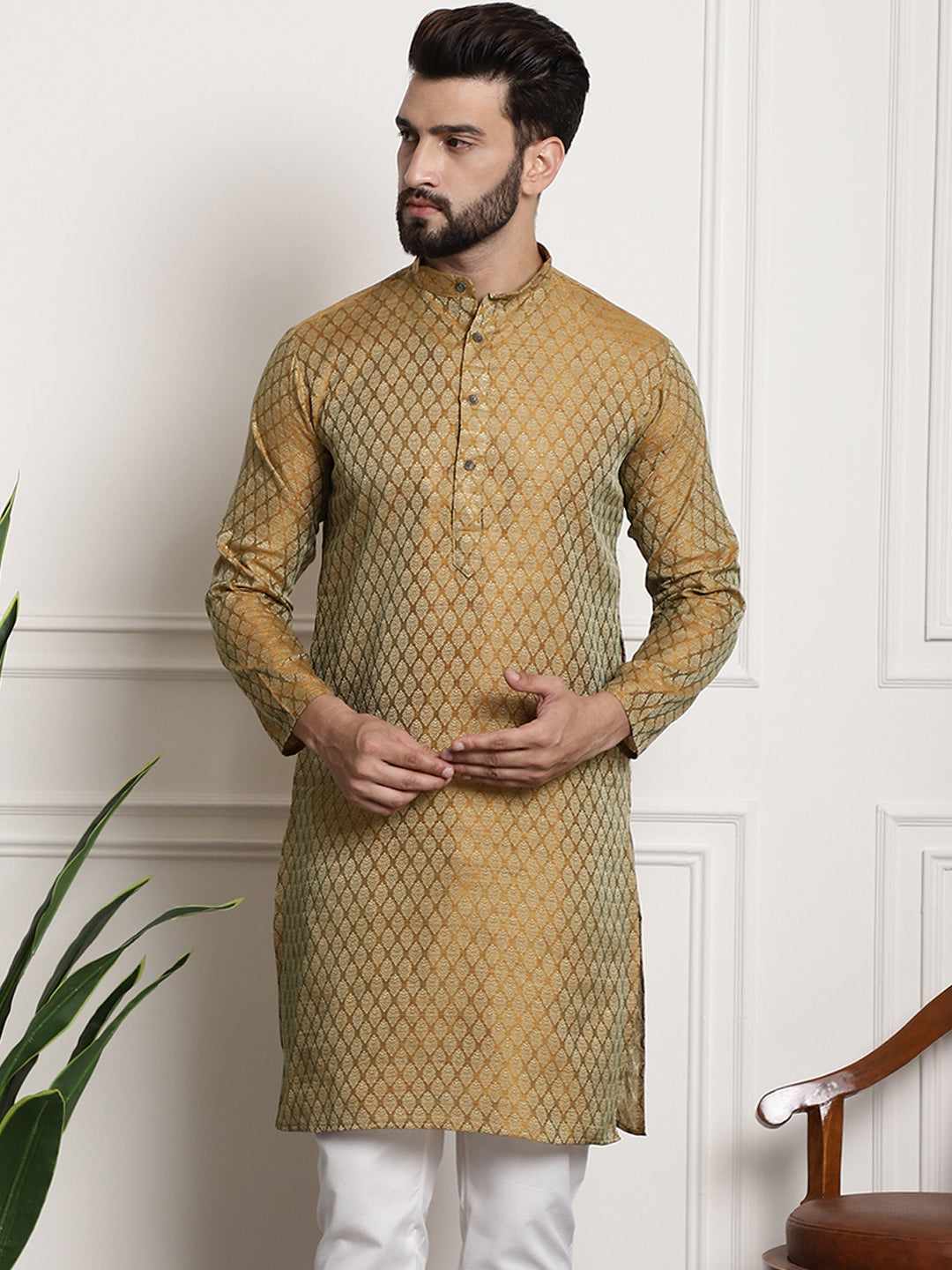 Men's Silk Blend Self Design Mustard Long Kurta