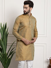 Men's Silk Blend Self Design Mustard Long Kurta