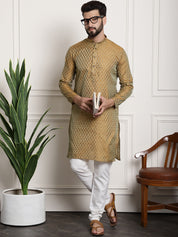 Men's Silk Blend Self design Mustard Kurta With Cream Churidaar Pyjama