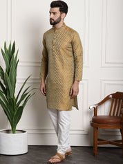 Men's Silk Blend Self design Mustard Kurta With Cream Churidaar Pyjama