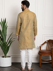 Men's Silk Blend Self design Mustard Kurta With Cream Churidaar Pyjama