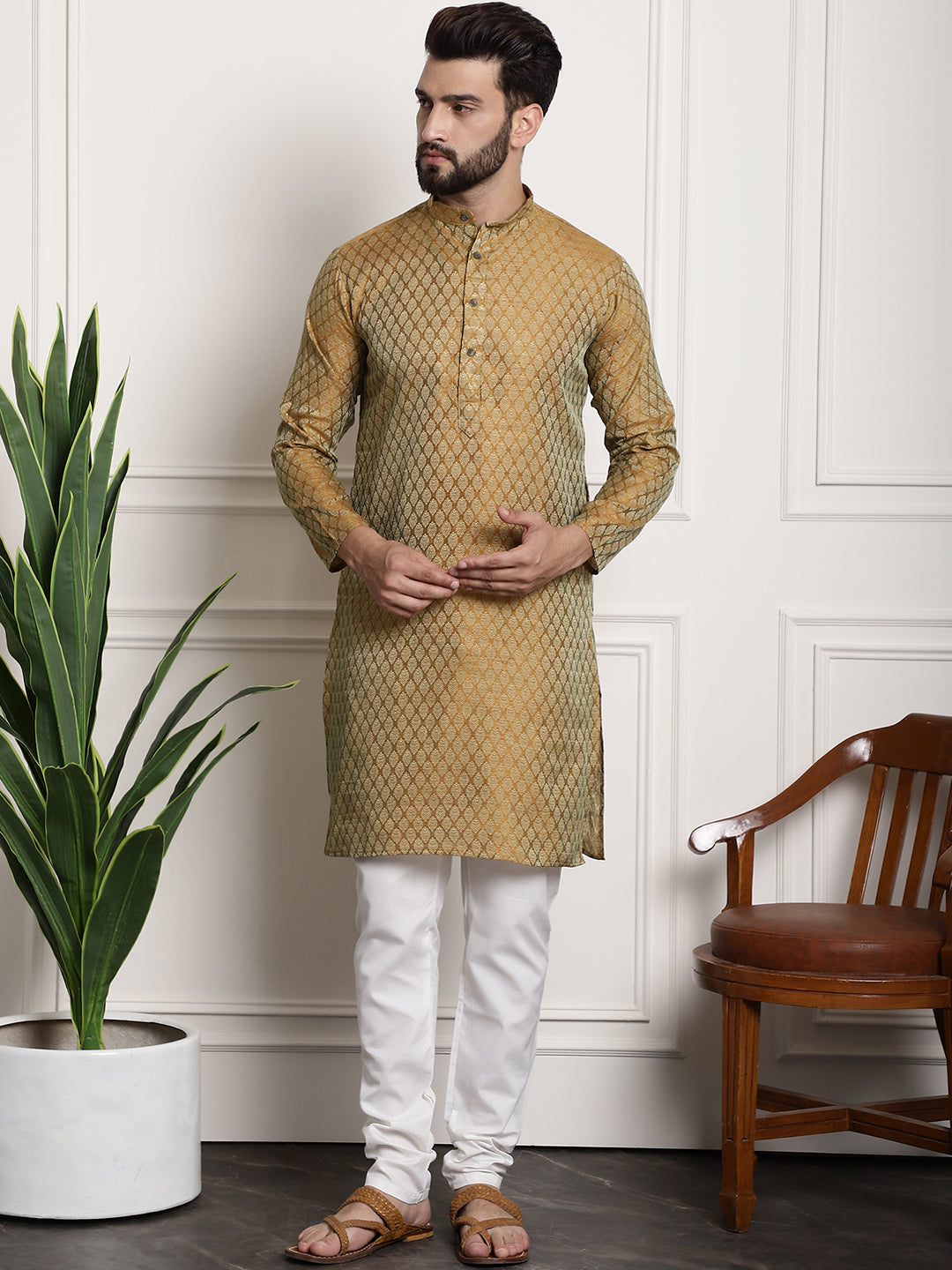 Men's Silk Blend Self design Mustard Kurta With Cream Churidaar Pyjama