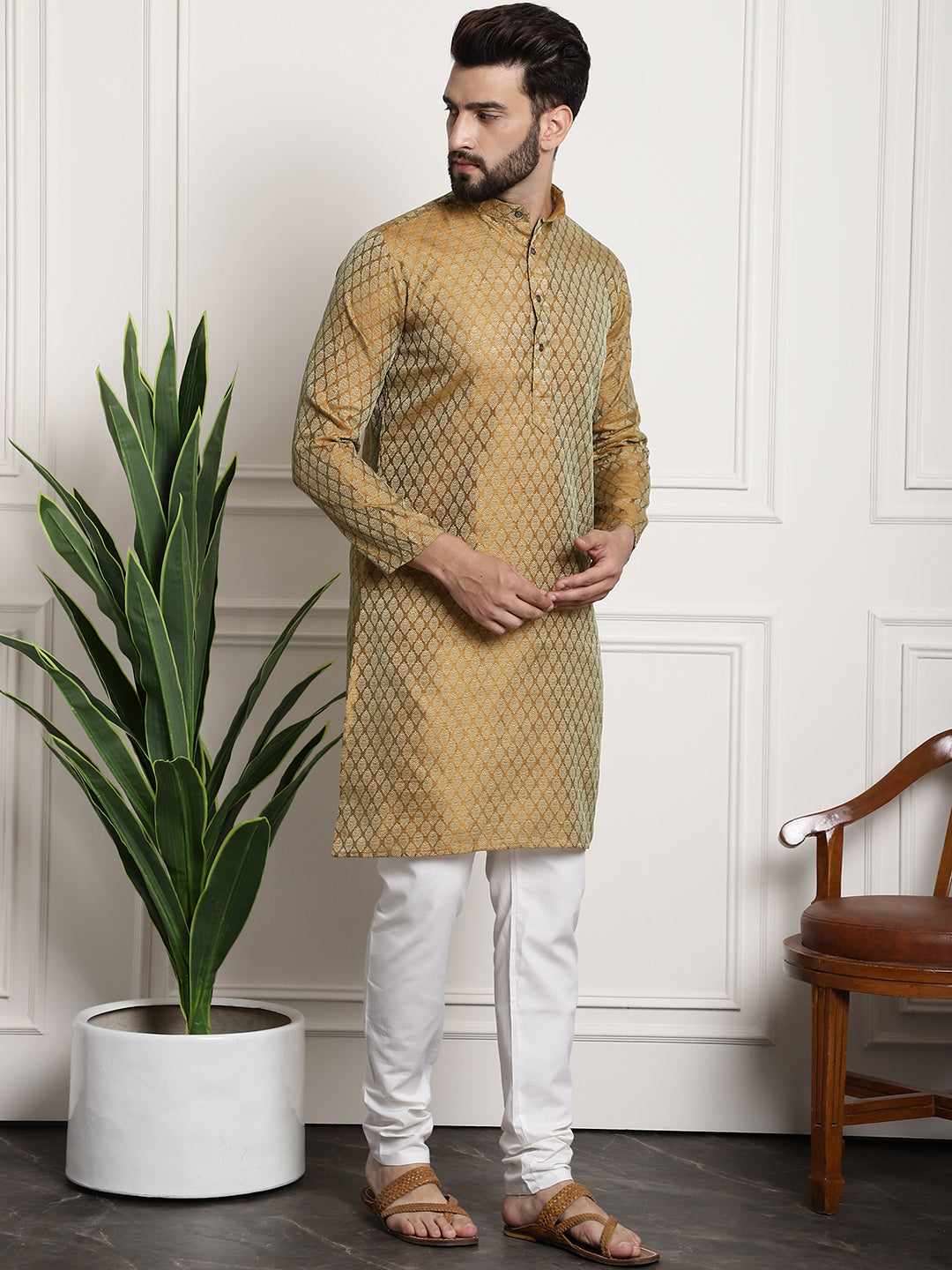 Men's Silk Blend Self design Mustard Kurta With Cream Churidaar Pyjama