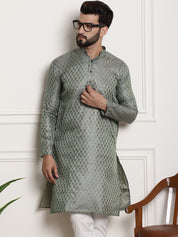 Men's Silk Blend Self Design Teal Green Long Kurta