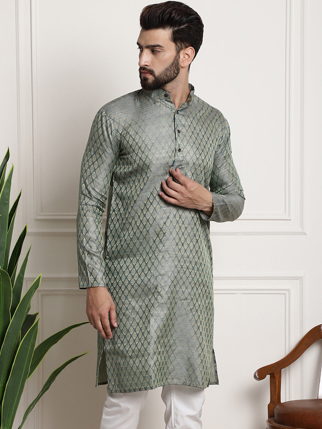 Men's Silk Blend Self Design Teal Green Long Kurta