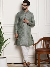 Men's Silk Blend Self design Teal Green Kurta With Cream Churidaar Pyjama