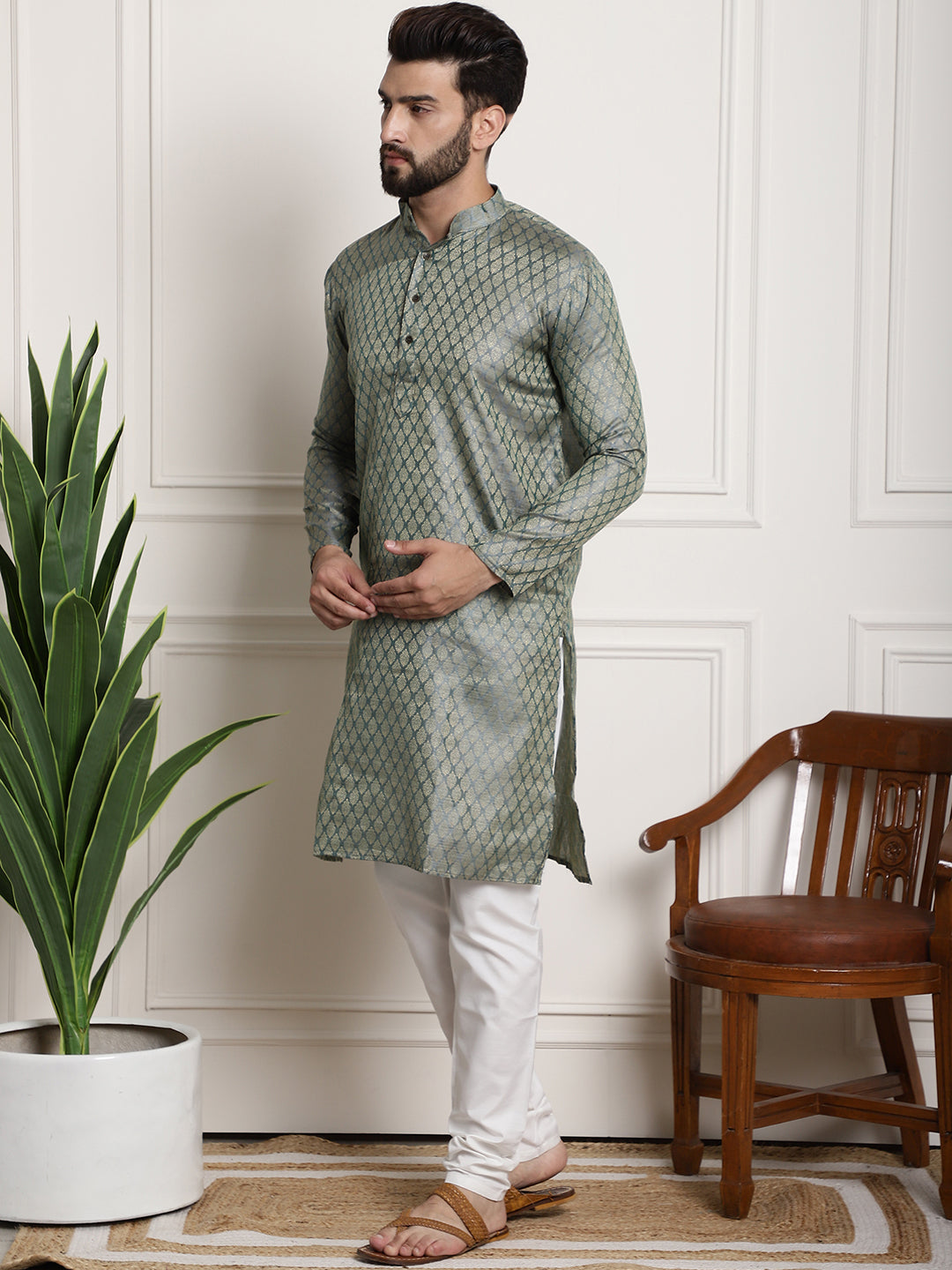 Men's Silk Blend Self design Teal Green Kurta With Cream Churidaar Pyjama