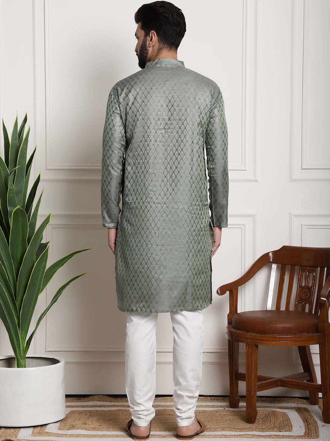 Men's Silk Blend Self design Teal Green Kurta With Cream Churidaar Pyjama