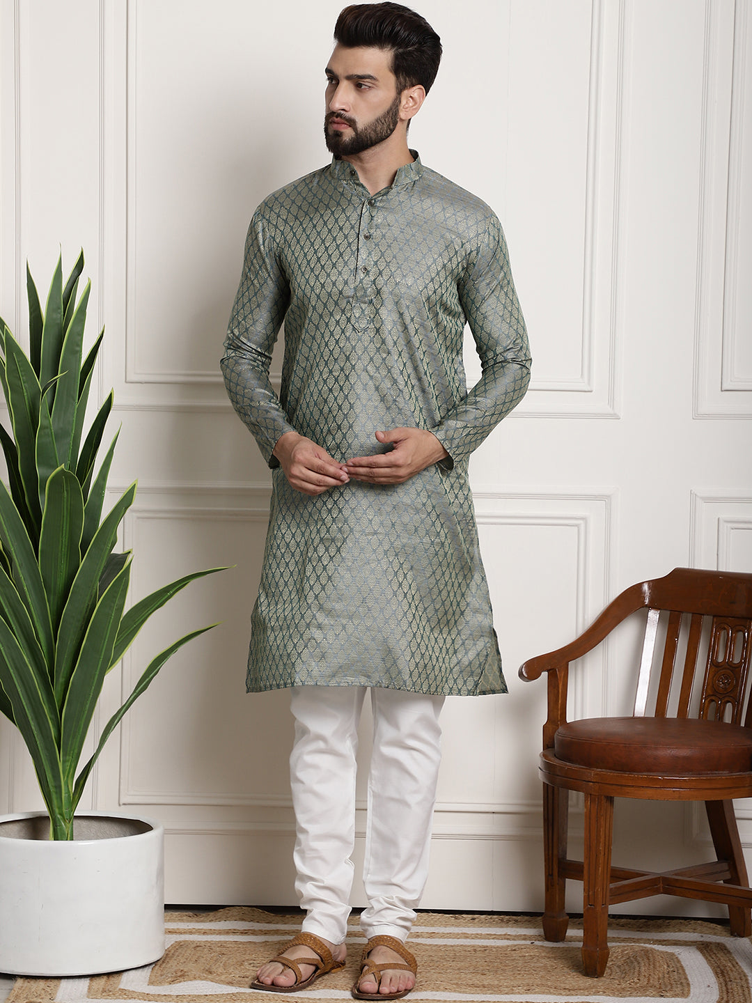 Men's Silk Blend Self design Teal Green Kurta With Cream Churidaar Pyjama