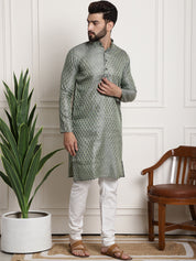 Men's Silk Blend Self design Teal Green Kurta With Cream Churidaar Pyjama