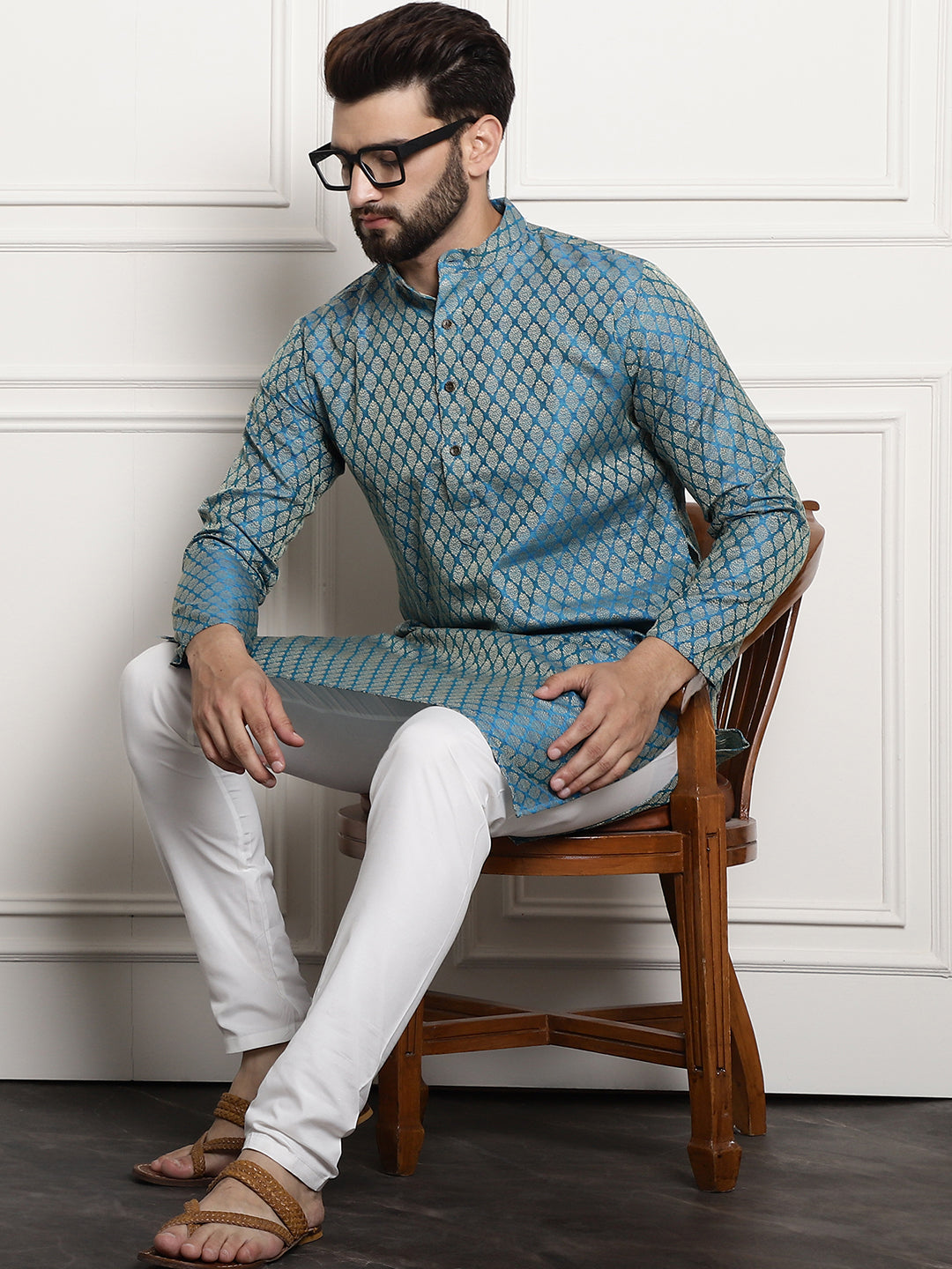 Men's Silk Blend Self design Peacock Blue Kurta With Cream Churidaar Pyjama