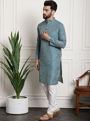 Men's Silk Blend Self design Peacock Blue Kurta With Cream Churidaar Pyjama