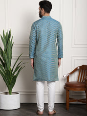 Men's Silk Blend Self design Peacock Blue Kurta With Cream Churidaar Pyjama