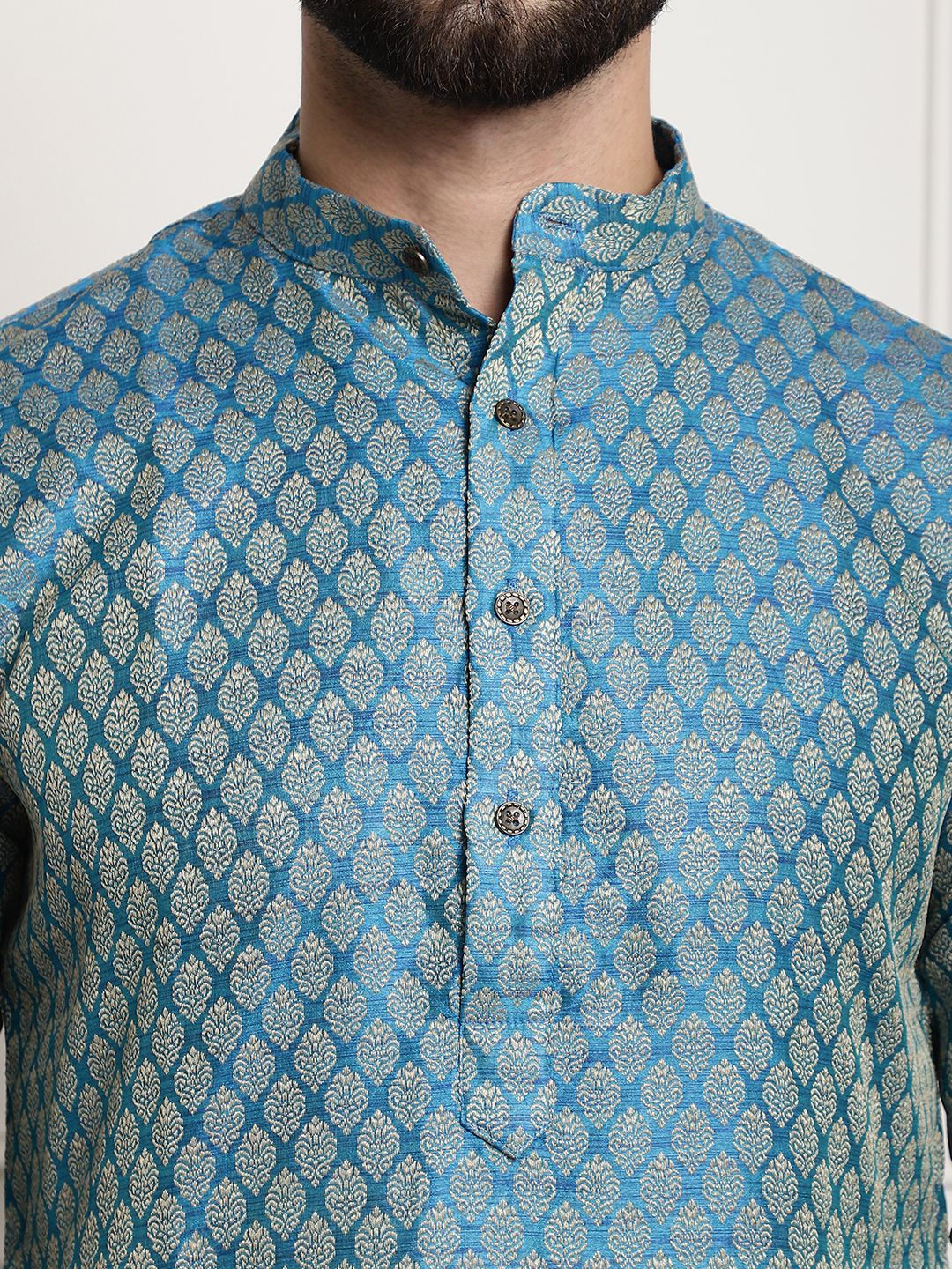 Men's Silk Blend Self design Peacock Blue Kurta With Cream Churidaar Pyjama