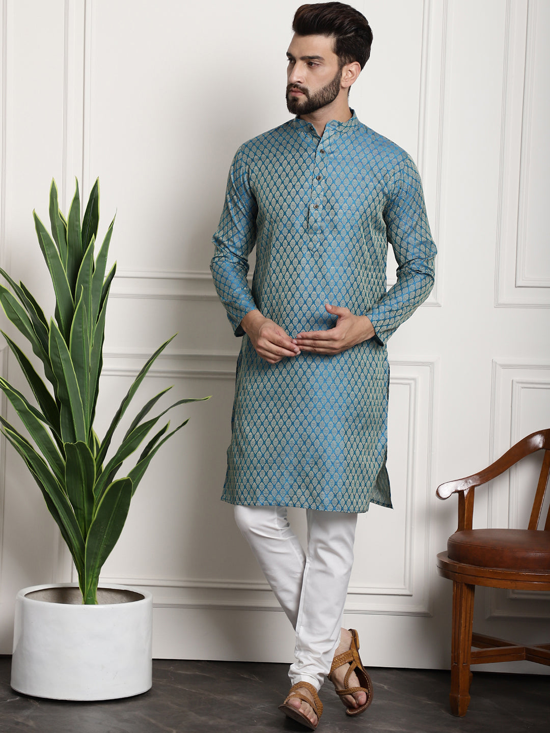 Men's Silk Blend Self design Peacock Blue Kurta With Cream Churidaar Pyjama