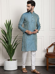 Men's Silk Blend Self design Peacock Blue Kurta With Cream Churidaar Pyjama