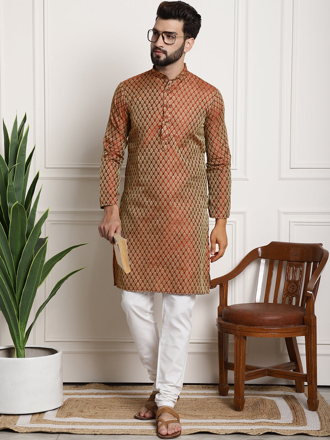 Men's Silk Blend Self design Orange Kurta With Cream Churidaar Pyjama