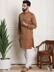 Men's Silk Blend Self design Orange Kurta With Cream Churidaar Pyjama