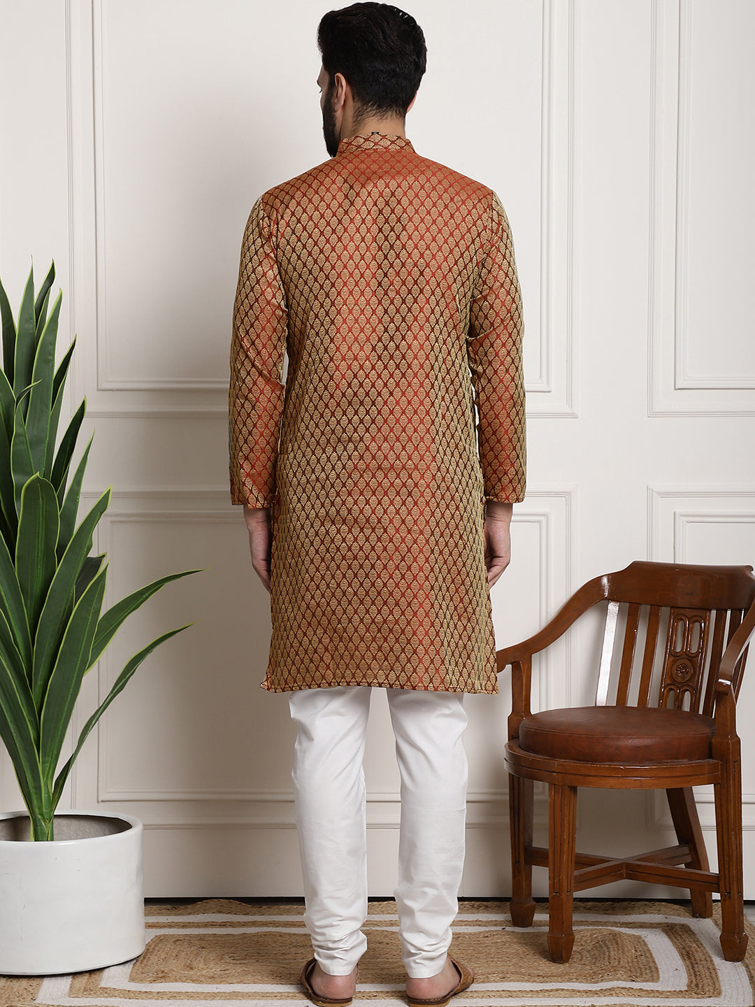 Men's Silk Blend Self design Orange Kurta With Cream Churidaar Pyjama