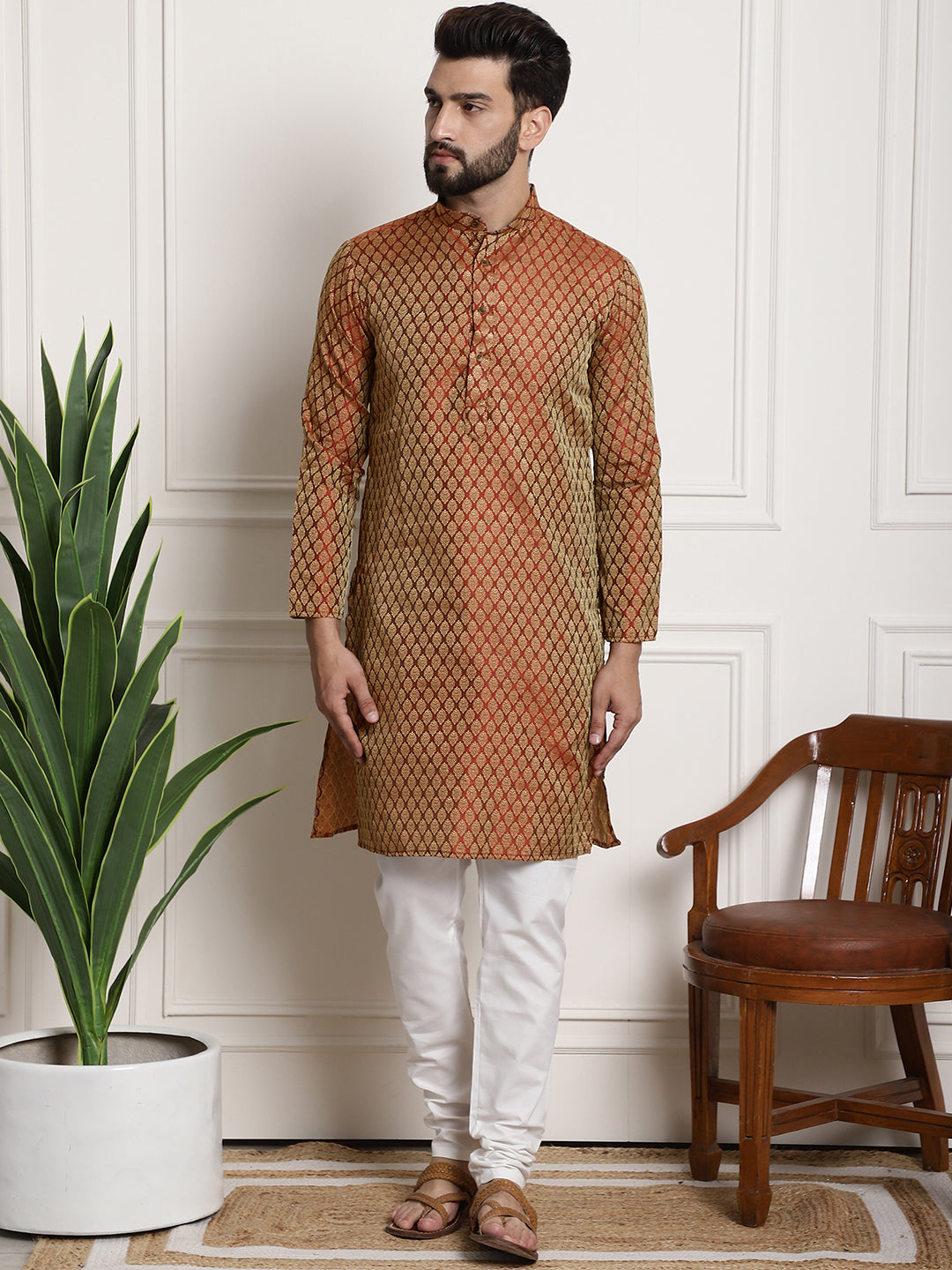 Men's Silk Blend Self design Orange Kurta With Cream Churidaar Pyjama