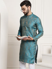 Men's Silk Blend Self Design Teal Blue Long Kurta