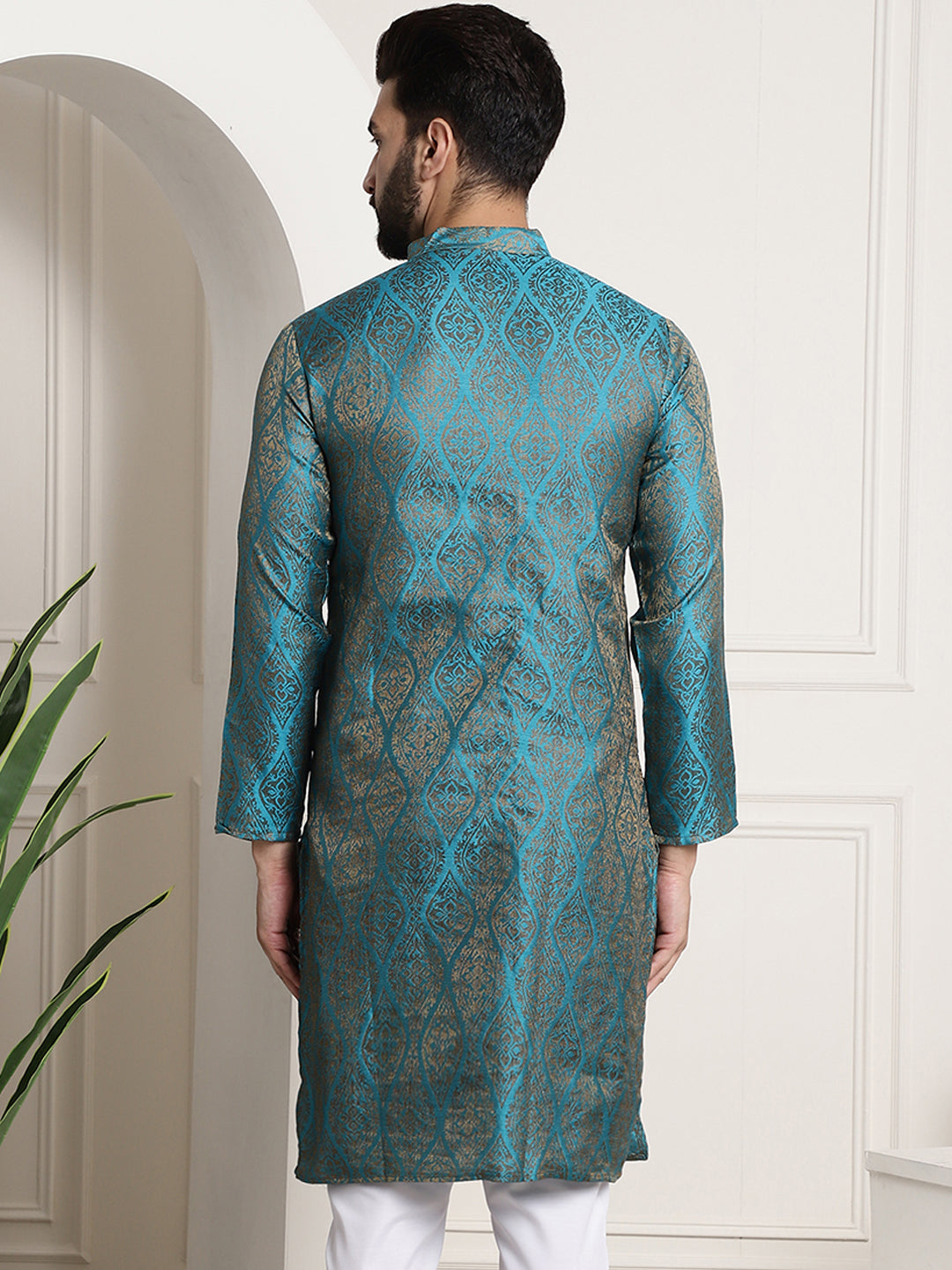 Men's Silk Blend Self Design Teal Blue Long Kurta