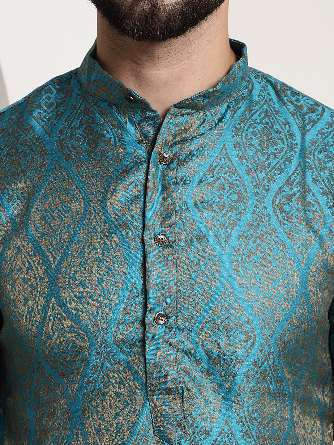 Men's Silk Blend Self Design Teal Blue Long Kurta