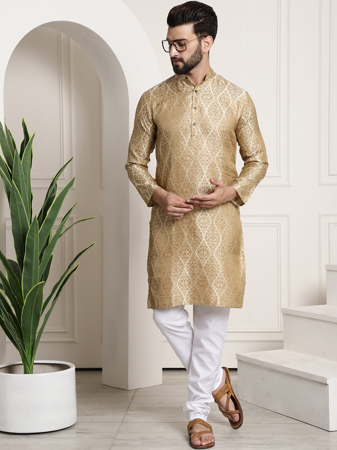 Men's Silk Blend Self Design Beige Kurta and Churidar Pyjama Set