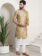 Men's Silk Blend Self Design Beige Kurta and Churidar Pyjama Set