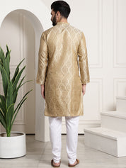 Men's Silk Blend Self Design Beige Kurta and Churidar Pyjama Set