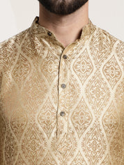 Men's Silk Blend Self Design Beige Kurta and Churidar Pyjama Set