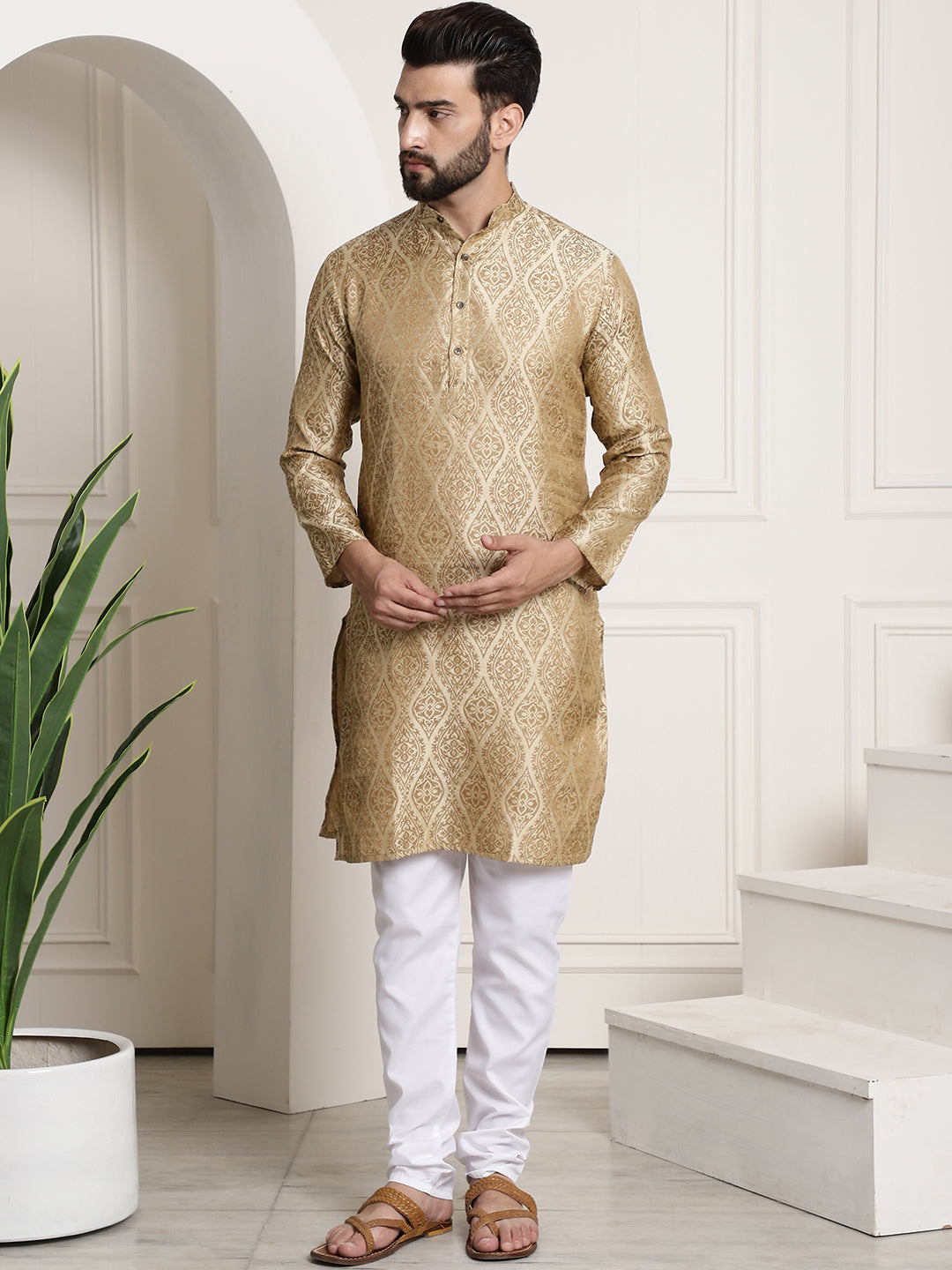 Men's Silk Blend Self Design Beige Kurta and Churidar Pyjama Set