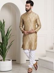 Men's Silk Blend Self Design Beige Kurta and Churidar Pyjama Set