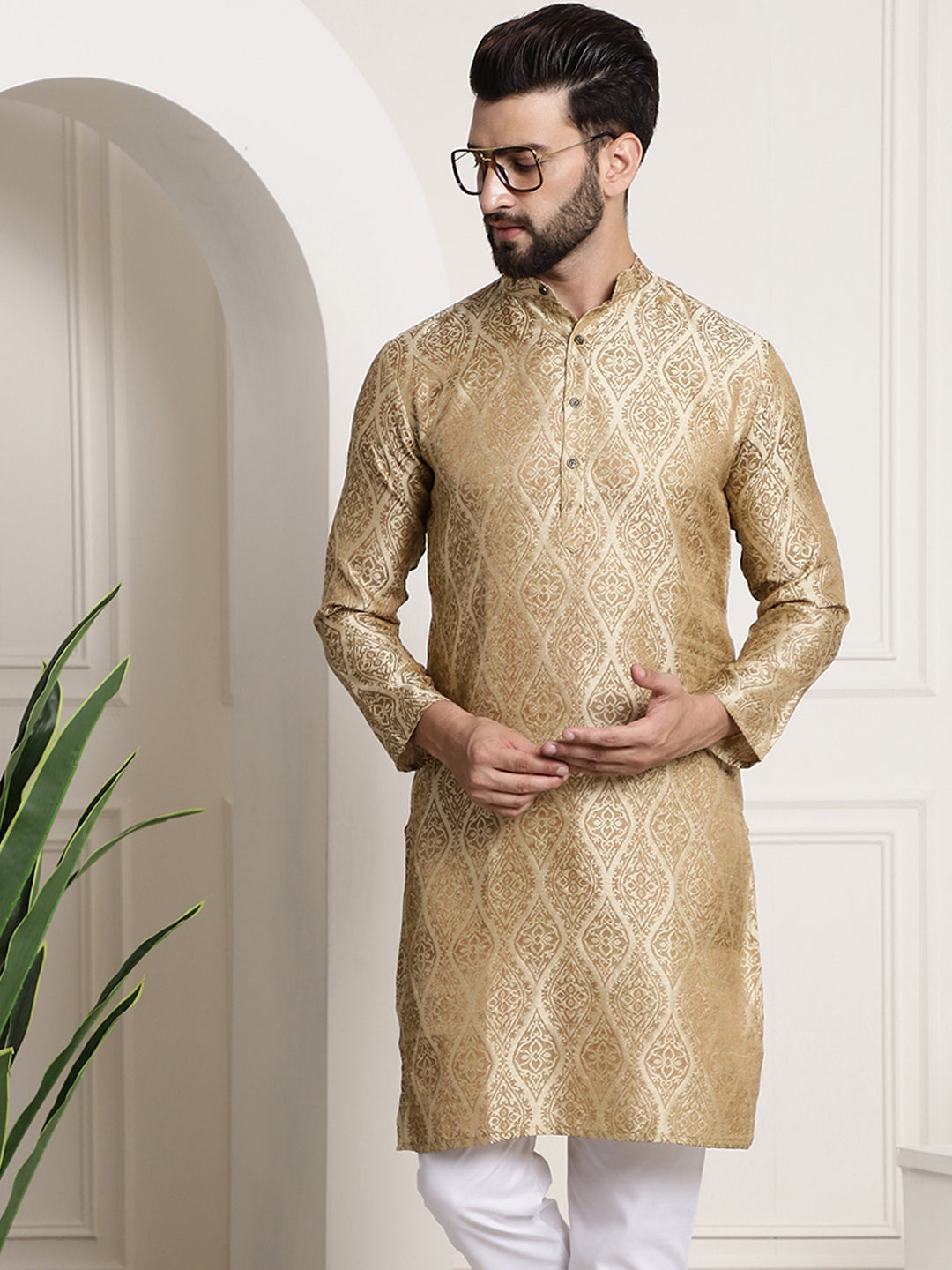 Men's Silk Blend Self Design Beige Long Kurta