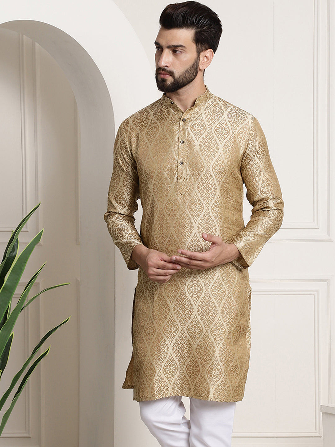 Men's Silk Blend Self Design Beige Long Kurta