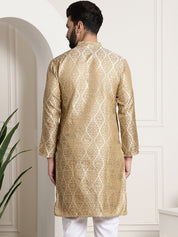 Men's Silk Blend Self Design Beige Long Kurta