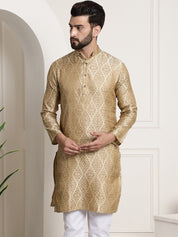 Men's Silk Blend Self Design Beige Long Kurta