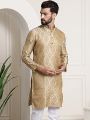 Men's Silk Blend Self Design Beige Long Kurta