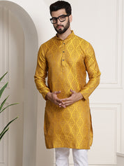 Men's Silk Blend Self Design Mustard Long Kurta