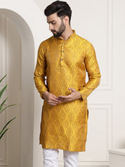 Men's Silk Blend Self Design Mustard Long Kurta