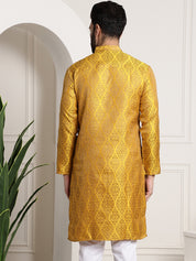 Men's Silk Blend Self Design Mustard Long Kurta