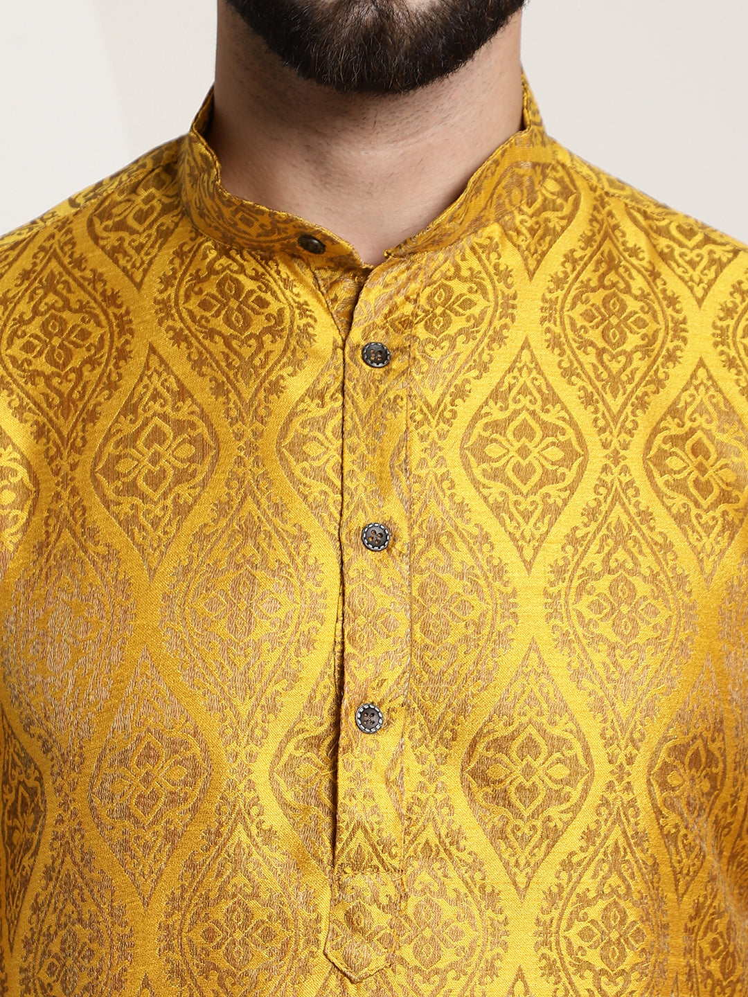 Men's Silk Blend Self Design Mustard Long Kurta