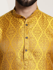 Men's Silk Blend Self Design Mustard Long Kurta