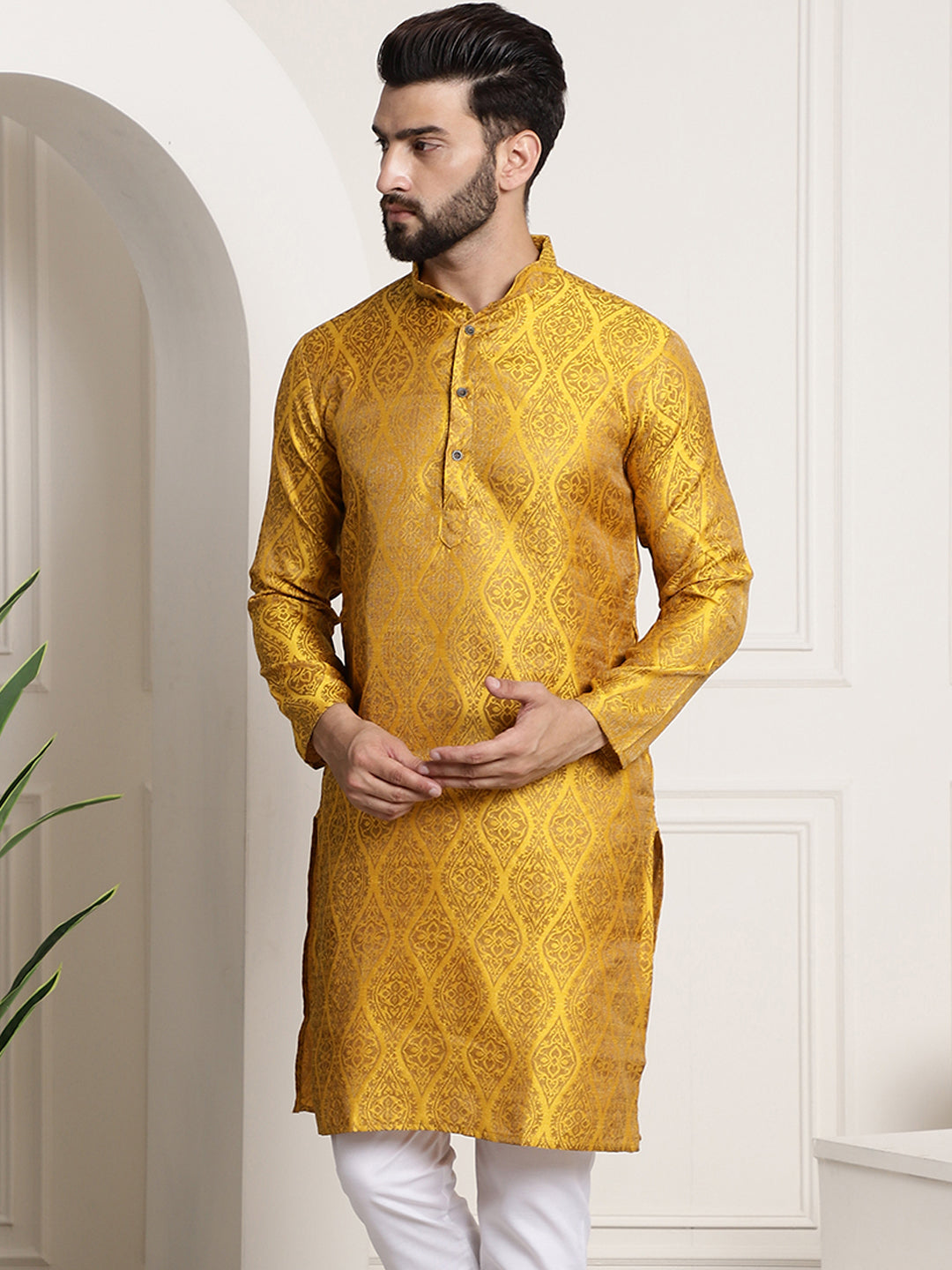 Men's Silk Blend Self Design Mustard Long Kurta