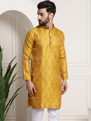 Men's Silk Blend Self Design Mustard Long Kurta