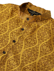 Men's Silk Blend Self Design Mustard Long Kurta