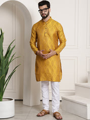 Men's Silk Blend Self Design Mustard Kurta and Churidar Pyjama Set