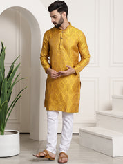 Men's Silk Blend Self Design Mustard Kurta and Churidar Pyjama Set