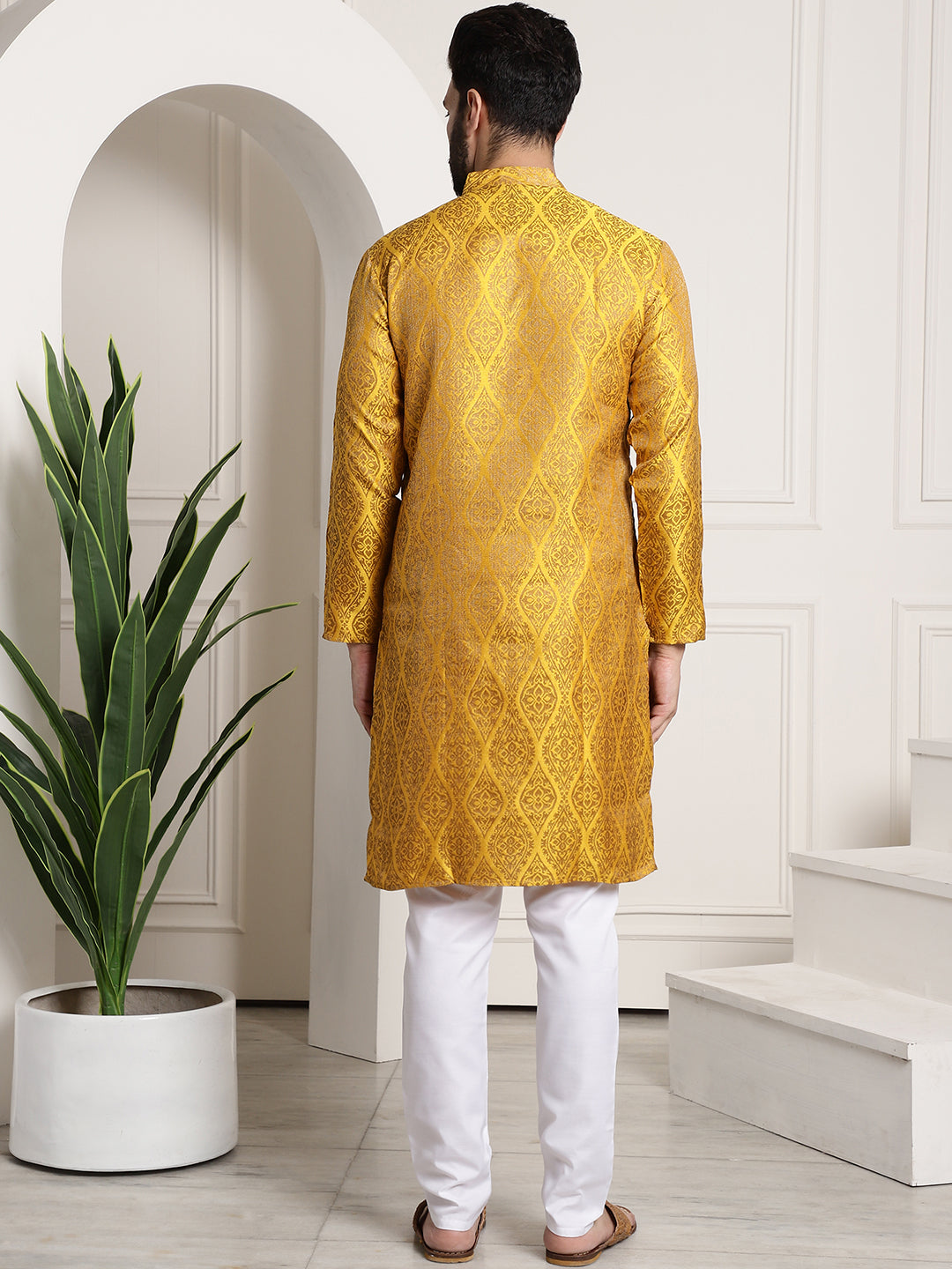 Men's Silk Blend Self Design Mustard Kurta and Churidar Pyjama Set