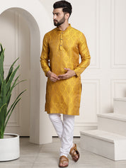 Men's Silk Blend Self Design Mustard Kurta and Churidar Pyjama Set